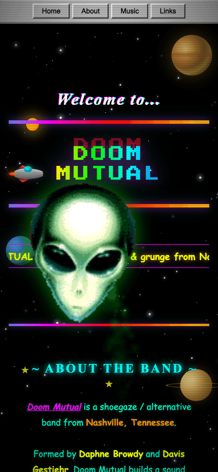 Doom Mutual on a phone — the pixel wordmark above a large alien graphic and the band biography.