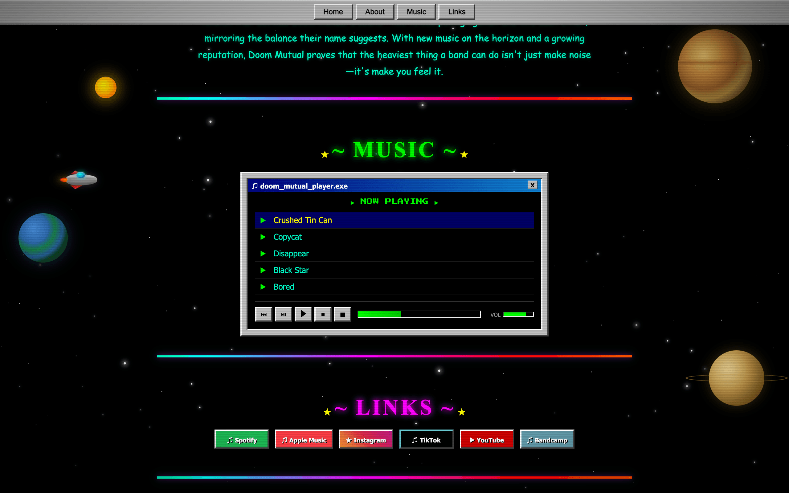 Further down the Doom Mutual home page — the band biography set in coloured type over the starfield.